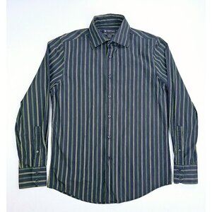 INC Size Small Men's Black Green Stripe Long Sleeve Spread Collar Cotton Shirt